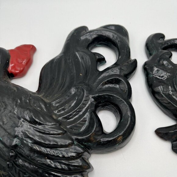 Vintage Black Rooster Chalkware Farmhouse Kitchen Art Deco MCM Plaques Set Of 2 - Picture 4 of 6